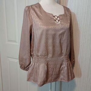AUW Women's Size M Satin Top Beige Aztec Elastic Waist & Wrists 3/4 Sleeve LNC